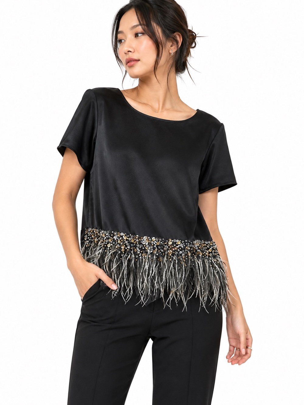 St. John Satin Blouse Feather Beaded Quiet Luxury Glam Whimsigoth Maximalist Box
